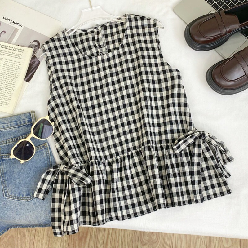 Retro Fashion Round Neck Color-Blocked Plaid Sleeveless Ruffled Loose Slimming Tie Bow Vest Shirt for Women