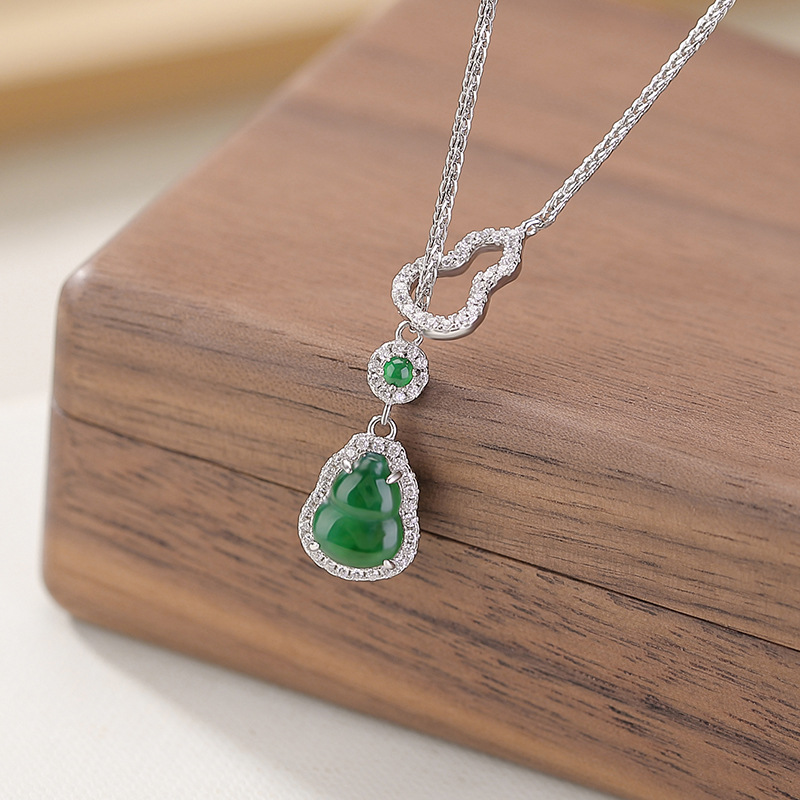 Dây chuyền mặt hồ lô bạc S925 đính ngọc bích tự nhiên hai mặt — Bộ dây chuyền (kèm dây)