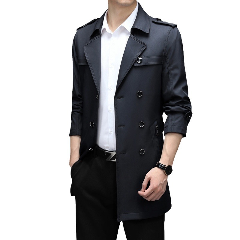 Monochrome Man- 2024 Early Business Mid-Length Double-Breasted Trench Coat Men's Suit Collar Jacket Spring Autumn Outerwear Men_voghion.com