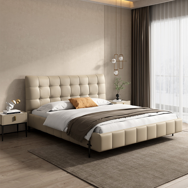Cama de cuero genuino lujo moderno minimalista dormitorio principal cama doble 1,8 m cama de boda de gama alta cama de cuero muebles de fábrica ventas directas