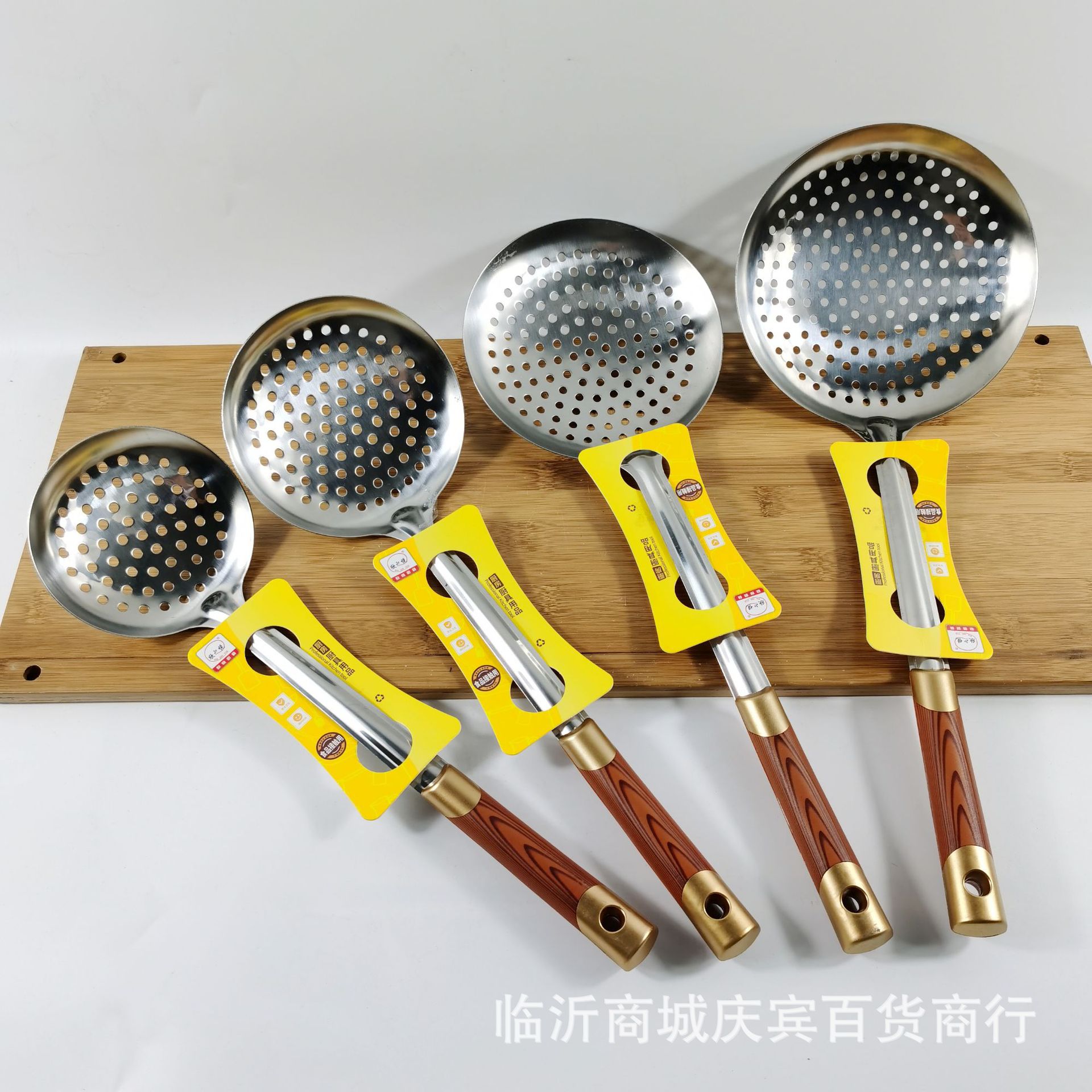 Stainless steel double gold wood grain plastic handle shovel spoon household kitchen anti-scald cooking shovel cooking kitchen suit wholesale