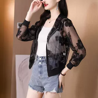 蕾丝防晒衣女装跨境夏季新款小个子网纱薄款洋气短款连帽长袖上衣