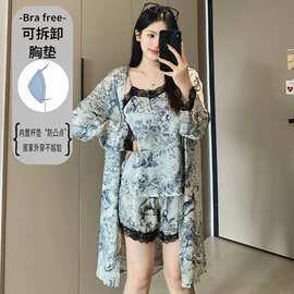 睡衣女 3件套（吊带+短裤+外袍） 带可拆胸垫