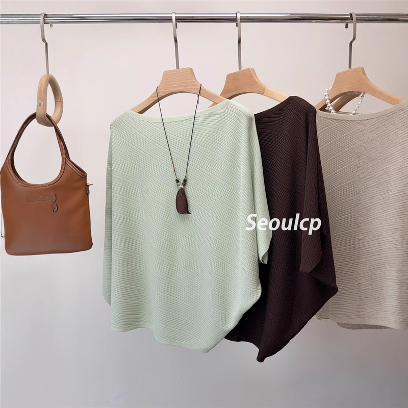 Fashionable Batwing Sleeve Off-Shoulder Knit Top for Women, New Summer Mint Green Loose Versatile Slimming Ice Silk Blouse