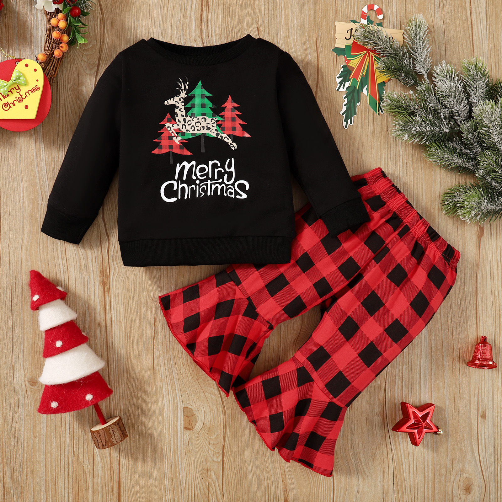 Christmas Fashion Christmas Tree Letter Plaid Patchwork 100% Cotton Girls Clothing Sets display picture 2