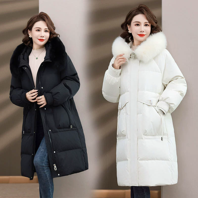 Зимний пуховик для мамы среднего возраста, длинный 2023, новая мода, теплое пальто с меховым воротником и капюшоном, женское 50 лет