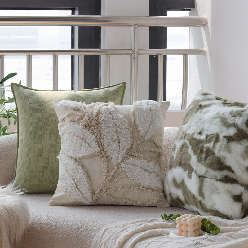 Modern Simple Green Pillow Pillow Sofa Cushion French Chenille Jacquard Model Room Decorative Cushion with Core