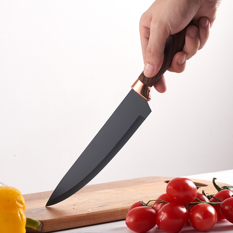 Conjunto de cuchillos antiadherente transfronterizo con patrón de diamante negro y cómodos con patrón de madera siete piezas con cuchillos de regalo cuchillo de cocina doméstico en stock