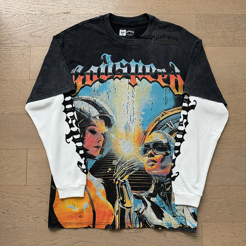 Al por mayor transfronterizo MideaGO Skull Metal Rock Band Robot camiseta de base de algodón suelta camiseta de manga larga
