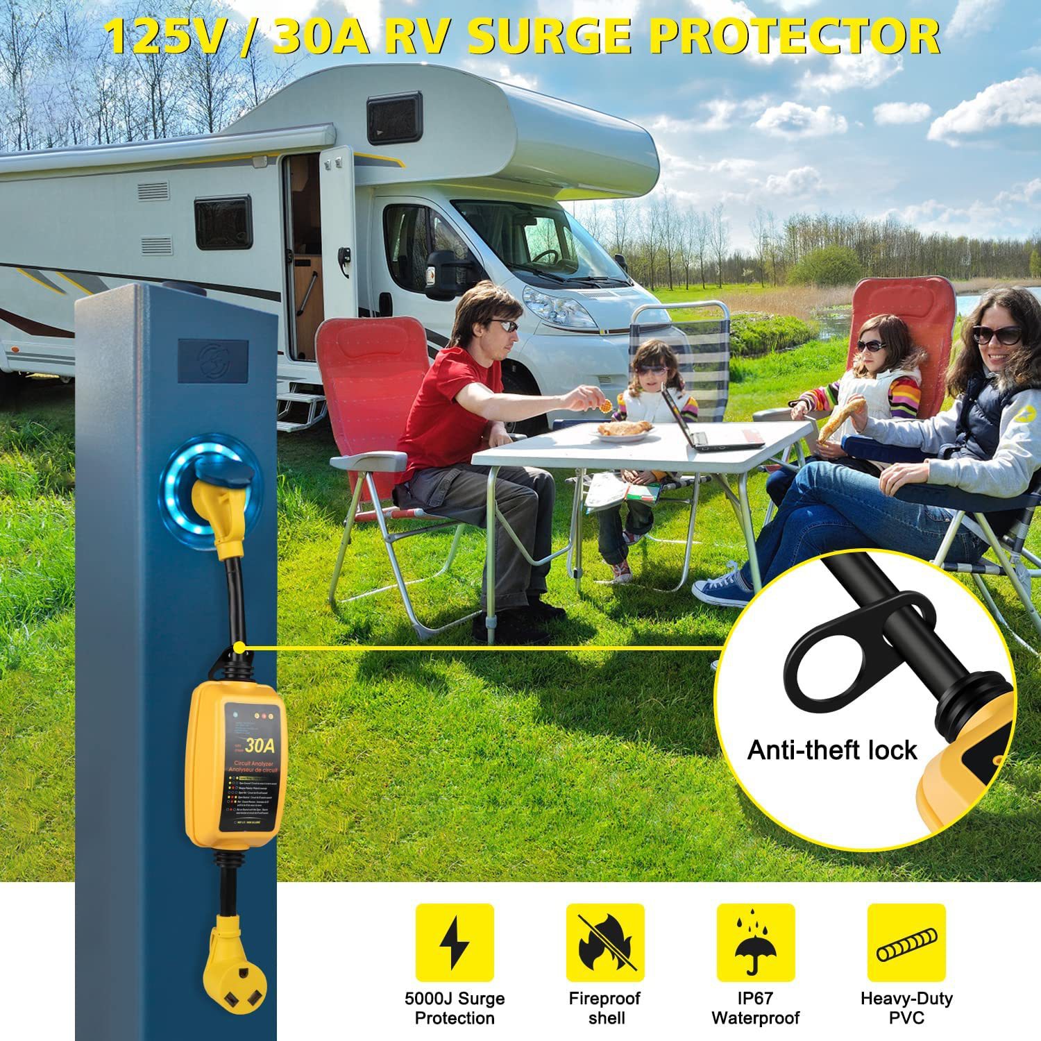 30 amps with waterproof cover power protection voltage protector, monitor with surge protection (2100 joules)