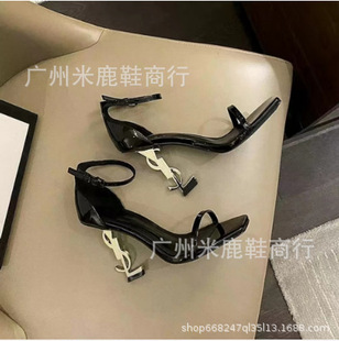 2023YS Woods same style black patent leather sexy one-strap metal letter heel high heel sandals female socialite style