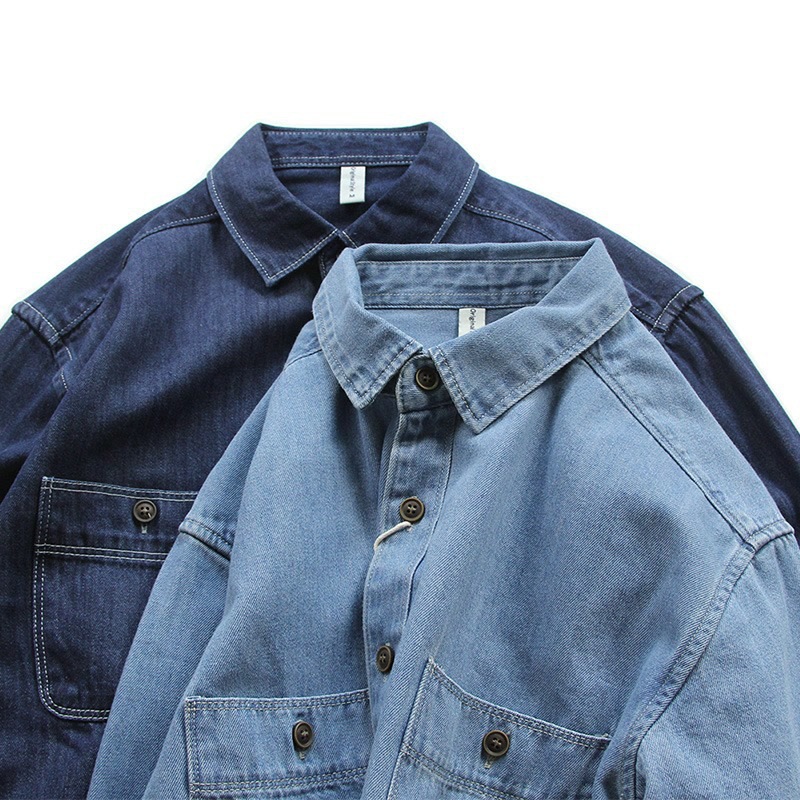 Retro Solid Color Denim Shirt For Men Loose Casual Workwear Top_voghion.com