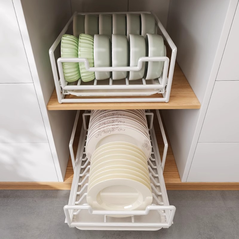 Instalación gratuita de canastas de cocina, canastas de tazón extraíbles en el armario, estante de almacenamiento de platos, fregadero inferior, estante en capas tipo cajón