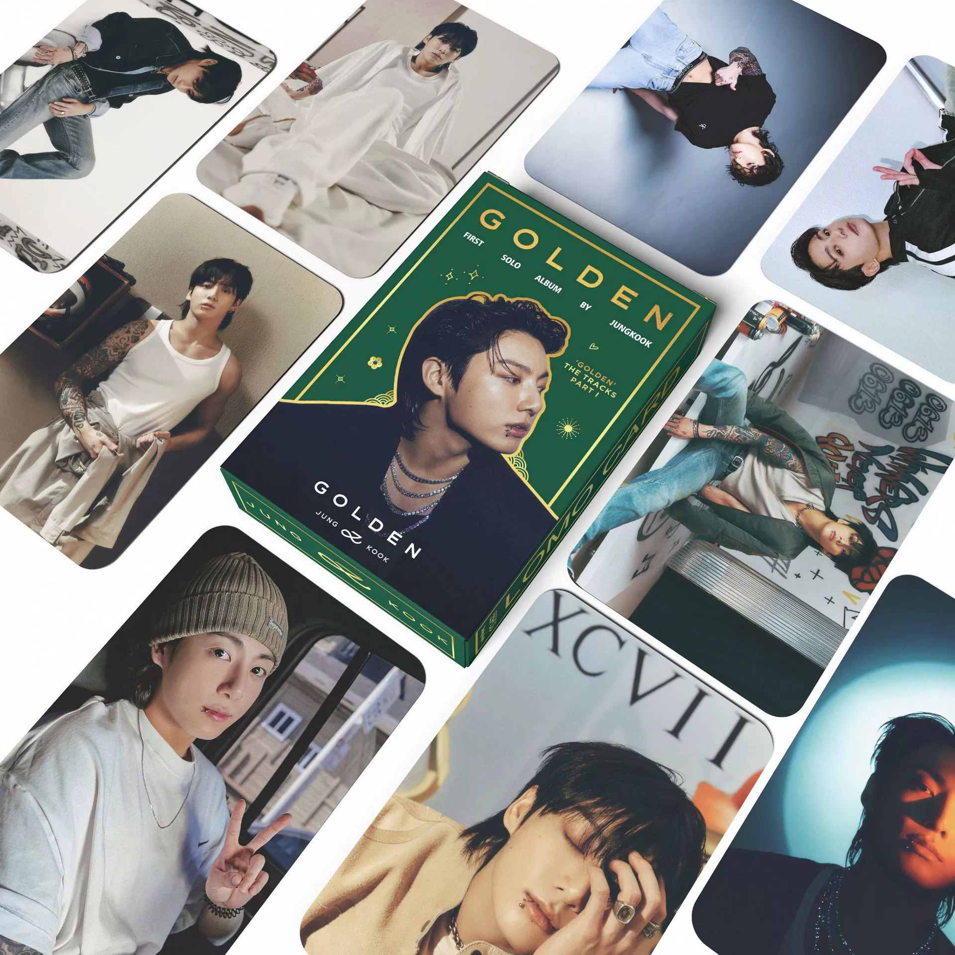 Коробка для фотокарточек (Jungkook) GOLDEN — 55 штук карточек Ломо, 85×55 мм, индивидуальная упаковка