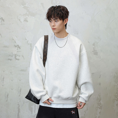 Heavy-duty space cotton crew neck hoodie for men, autumn style, patchwork boxy cut American retro casual turtleneck jacket