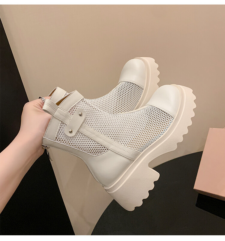 Boot nữ cổ cao đế dày gót bánh xốp da bò lưới thoáng khí xuân hè 2024 — Màu đen, Màu trắng be chi tiết 22
