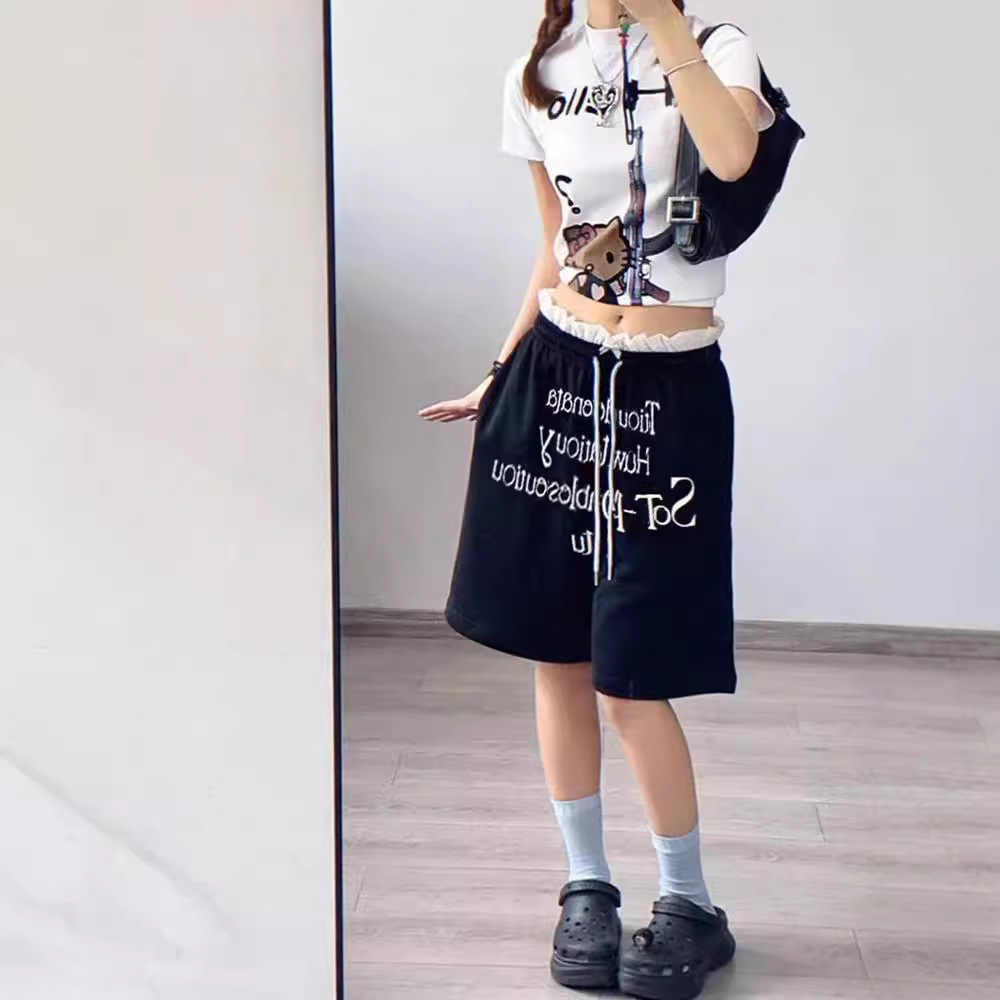 美式小众双腰头拼接设计感运动短裤女夏季字母印花宽松直筒五分裤