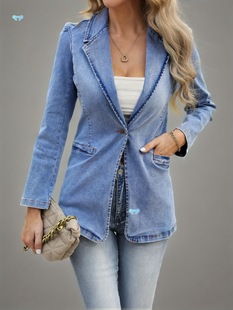 Women's Denim Jacket Single Button Blazer V Neck Long Sleeve