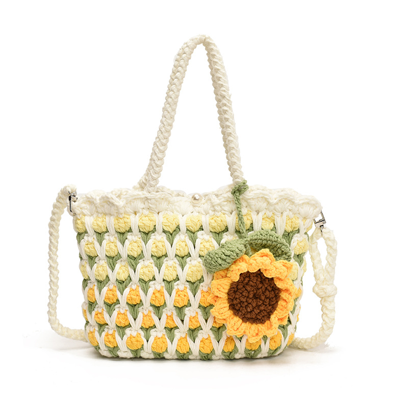 Nuevo paquete infantil transfronterizo ganchillo hecho a mano flores dulces bolsas de hombro para hombres y mujeres viajes de vacaciones bolsas de cestas de verduras portátiles
