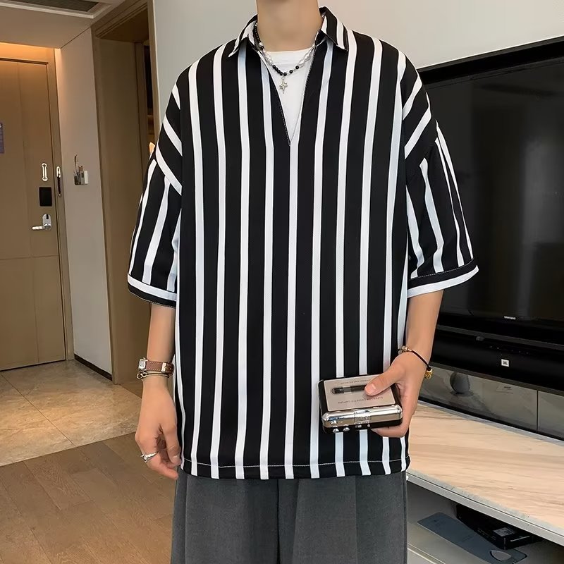 Camisa coreana de media manga para hombre de primavera y verano, camisa casual de manga corta hermosa de moda para hombre, chaqueta a rayas, manga tres cuartos