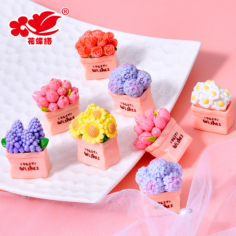 清新治愈花卉盆栽树脂配件 玫瑰雏菊diy桌面车载小摆件奶油胶配件