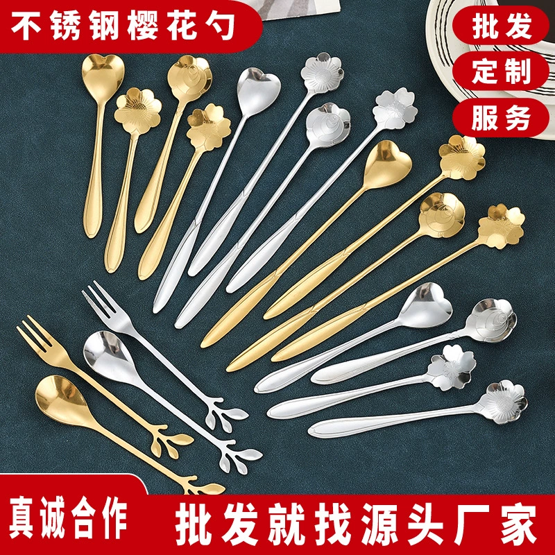 Кофейная ложка из нержавеющей стали, оптовая продажа, красивая ложка с вишневым цветком, бытовая ложка для перемешивания, золотая десертная ложка, подарочная ложка с птичьим гнездом