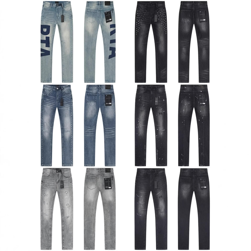 Cross-border trendy brand RTA R+A washed distressed ripped embroidered letter heavy-duty slim-fit jeans for men and women Cross-border trendy brand RTA R+A washed distressed ripped embroidered letter heavy-duty slim-fit jeans for men and women