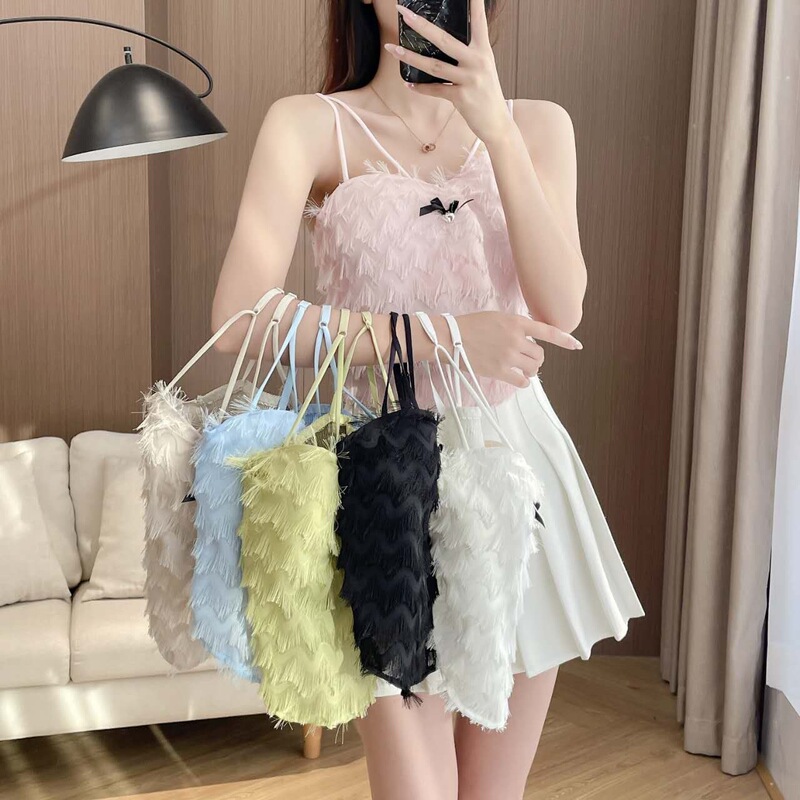 Sweet Double Shoulder Strap Feather Tassel Camisole Women's Padded Bow Sleeveless Sexy Inner Top Lace Sweet Double Shoulder Strap Feather Tassel Camisole Women's Padded Bow Sleeveless Sexy Inner Top Lace