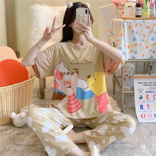 2024年夏季短袖长裤可爱卡通睡衣女韩版简约家居服套装女外贸原单