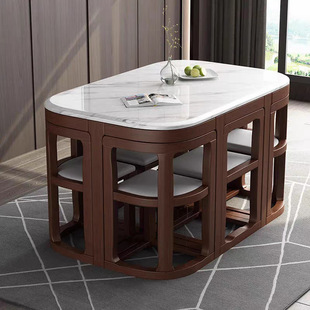 Marble Solid Wood Dining Table and Chair Combination for Home Small Apartment Internet Celebrity Six-In-One Dining Table Multi-Functional Storage Round Table Kz