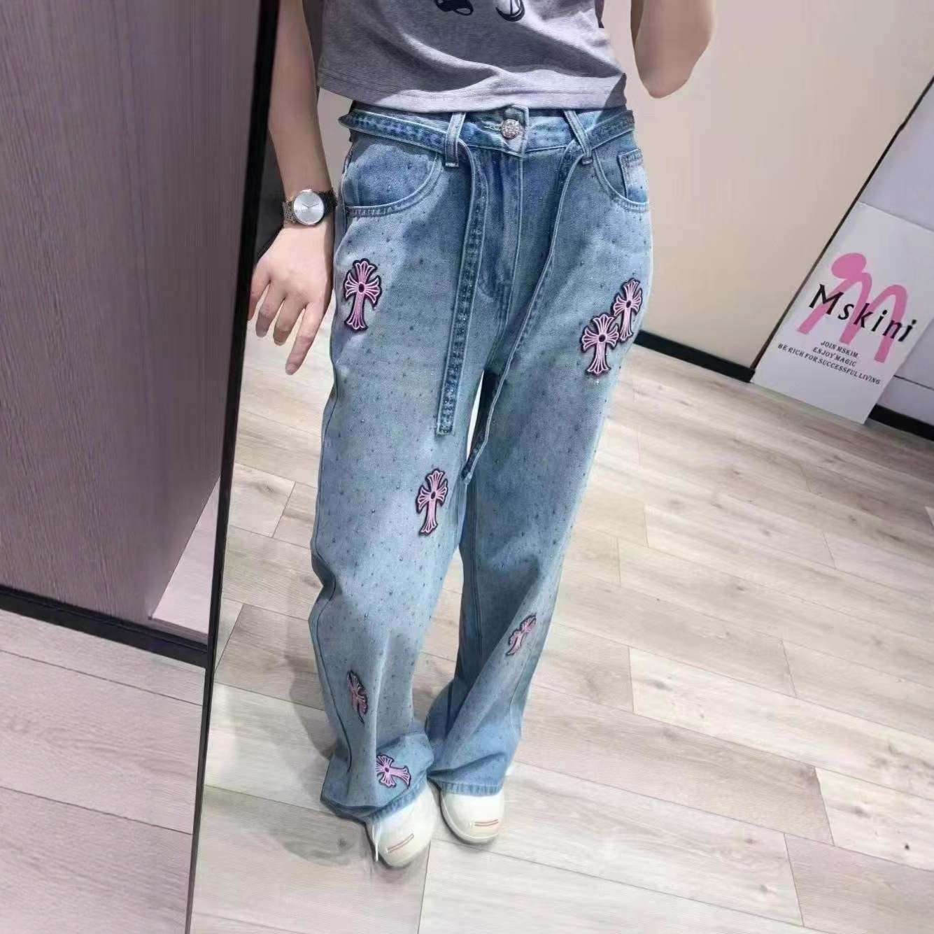 25秋季新款小众设计时髦复古重工满钻牛仔阔腿裤女款显瘦时尚阔腿