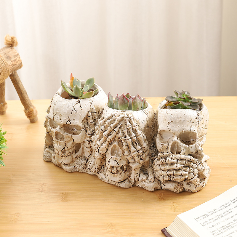  Halloween Don't Listen Don't Look Don't Say Skull Flower Pot Ornaments Fleshy Potted Plants Empty Pot Resin Crafts