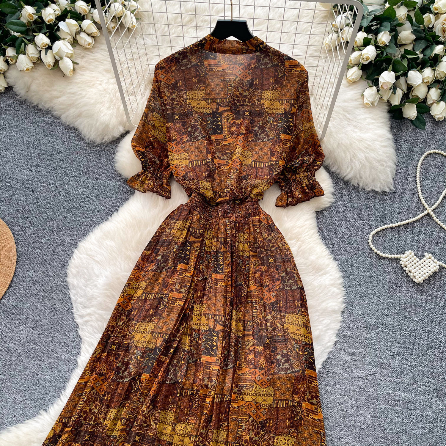 Retro Printed Dress Short Sleeved a Line Skirt Long Slimming Elegant Summer Women's Clothing_ecoleips.com