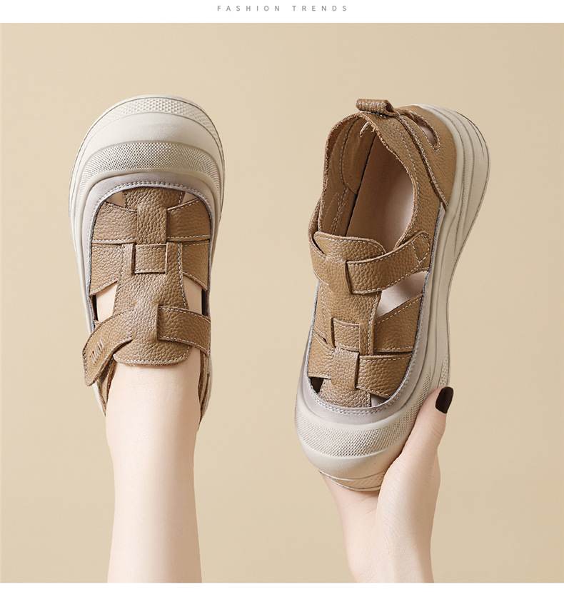 Sandal nữ đế dày da bò thật lỗ rỗng phong cách hở mũi mùa hè — 7111 kaki, 7111 màu be chi tiết 5