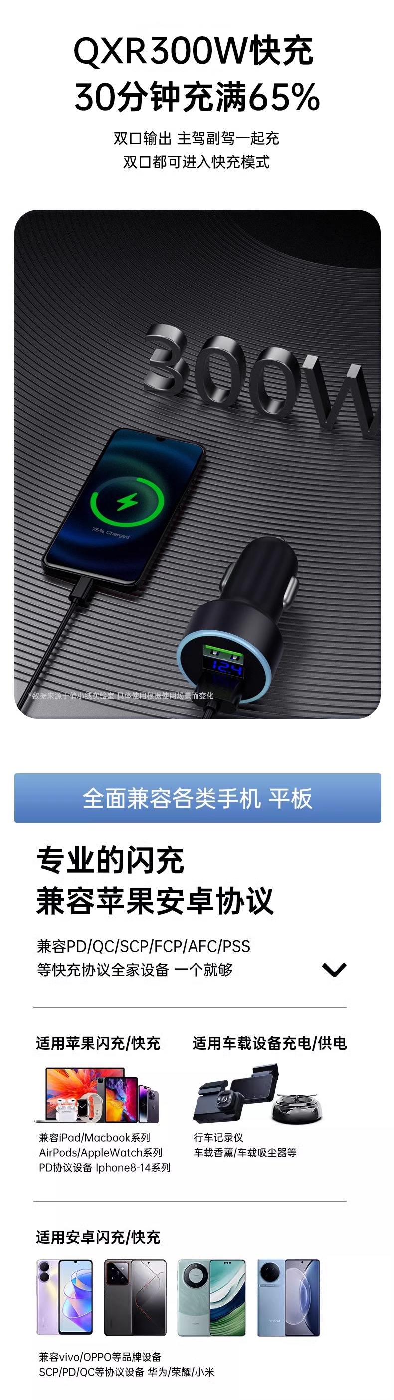 300W Car Charger Quick Charge Cigarette Lighter Adapter USB