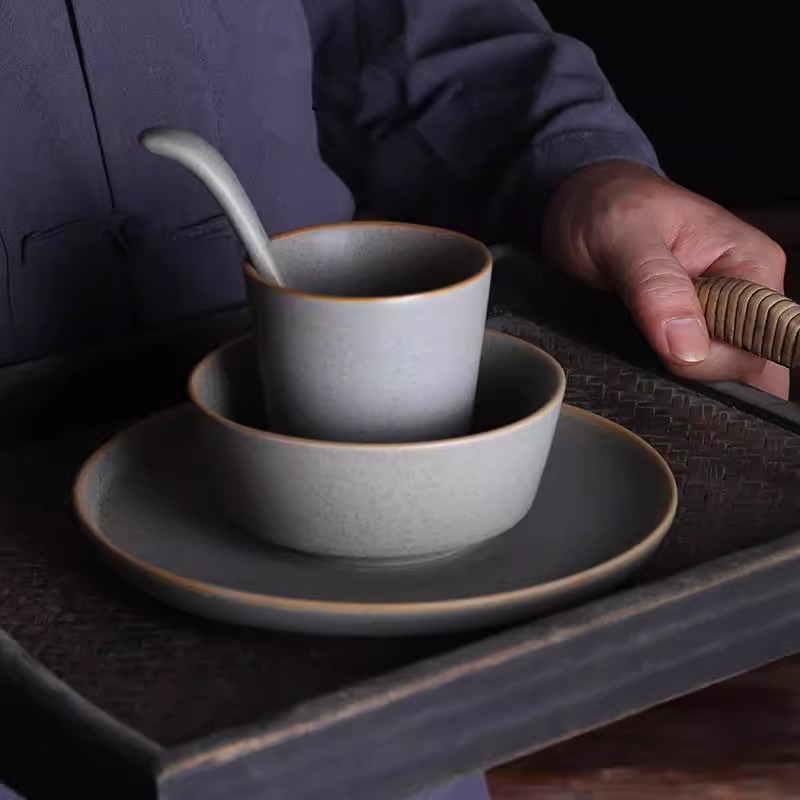 Set table four-piece Japanese-style commercial wholesale hotel hot pot restaurant ceramic plate dish bowl cup spoon simple tableware suit