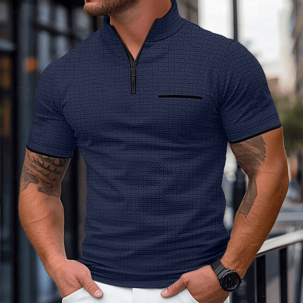 Polo monochrome pour homme - Collection printemps/été européenne/américaine, modèle phare à manches courtes, col montant et fermeture éclair._voghion.com