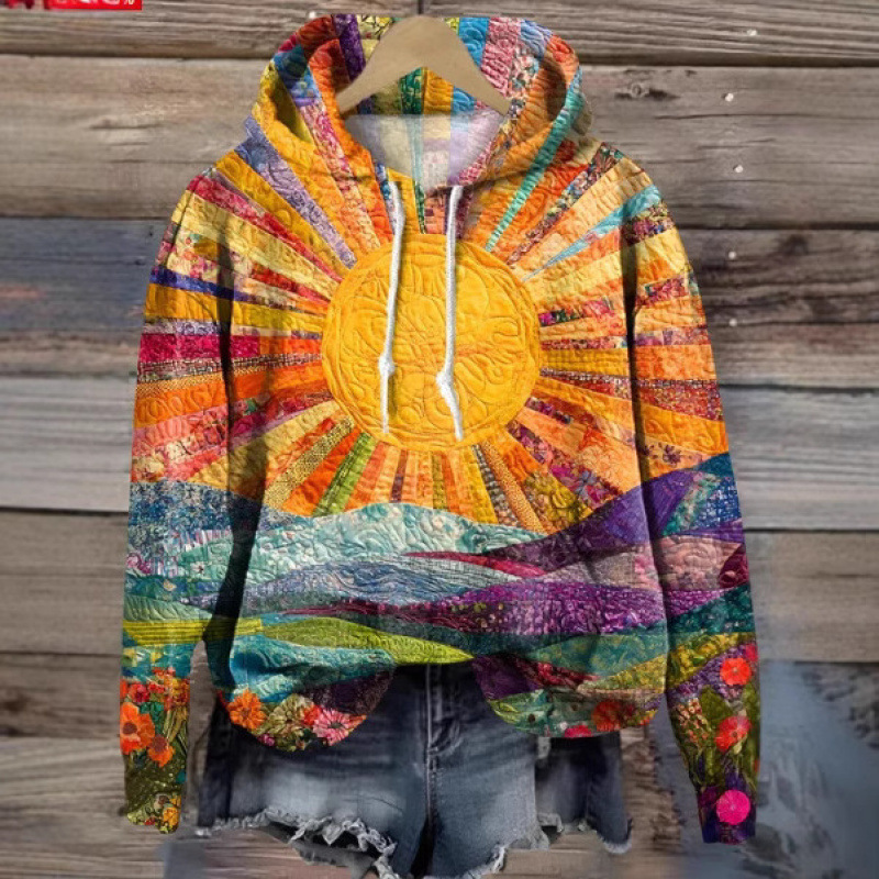 Amazon Cross-Border Best-Selling 3D Digital Printing Sun Pattern Five-Colorful Men's Sweatshirt Graffiti Style Colorful