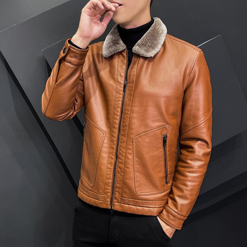 Men's Clothing leather jacket plus velvet thickened autumn and winter jacket leather jacket handsome casual versatile lapel leather jacket_voghion.com