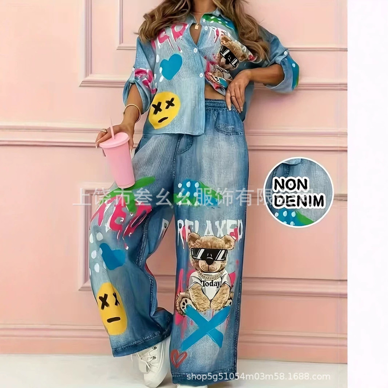 New vintage-style printed long-sleeve shirt and pants set 2025 cross-border Amazon AliExpress 3D digital printing New vintage-style printed long-sleeve shirt and pants set 2025 cross-border Amazon AliExpress 3D digital printing