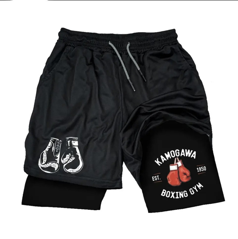Anime Boxing Men's Two-in-One Double-Layer Sports Shorts 2024 Summer New Fake Two-Piece Sports Casual Pants