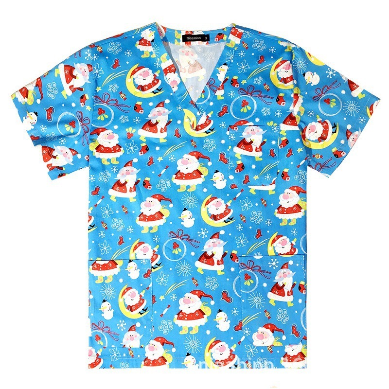 国境を越えたアマゾンの爆発的なアニメプリント看護師服女性vネック半袖tシャツ上着手術服作業服男性|undefined