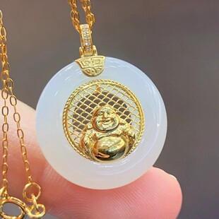 Fubei Diamond Jewelry [18K Gold Inlaid with Hetian Mutton Fat White Jade Peace Buckle Buddha Pendant] Bare Stone about 20*20mm