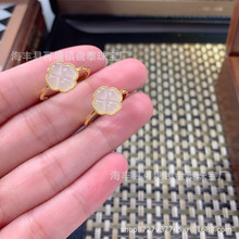 厂家批发 天然和田玉白玉四叶草戒指 S925银镶嵌