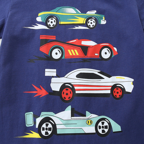 2024 Summer New Boys' T-Shirt Western Style Cartoon Car Print Sports Top Children's Round Neck Short Sleeve Shirt