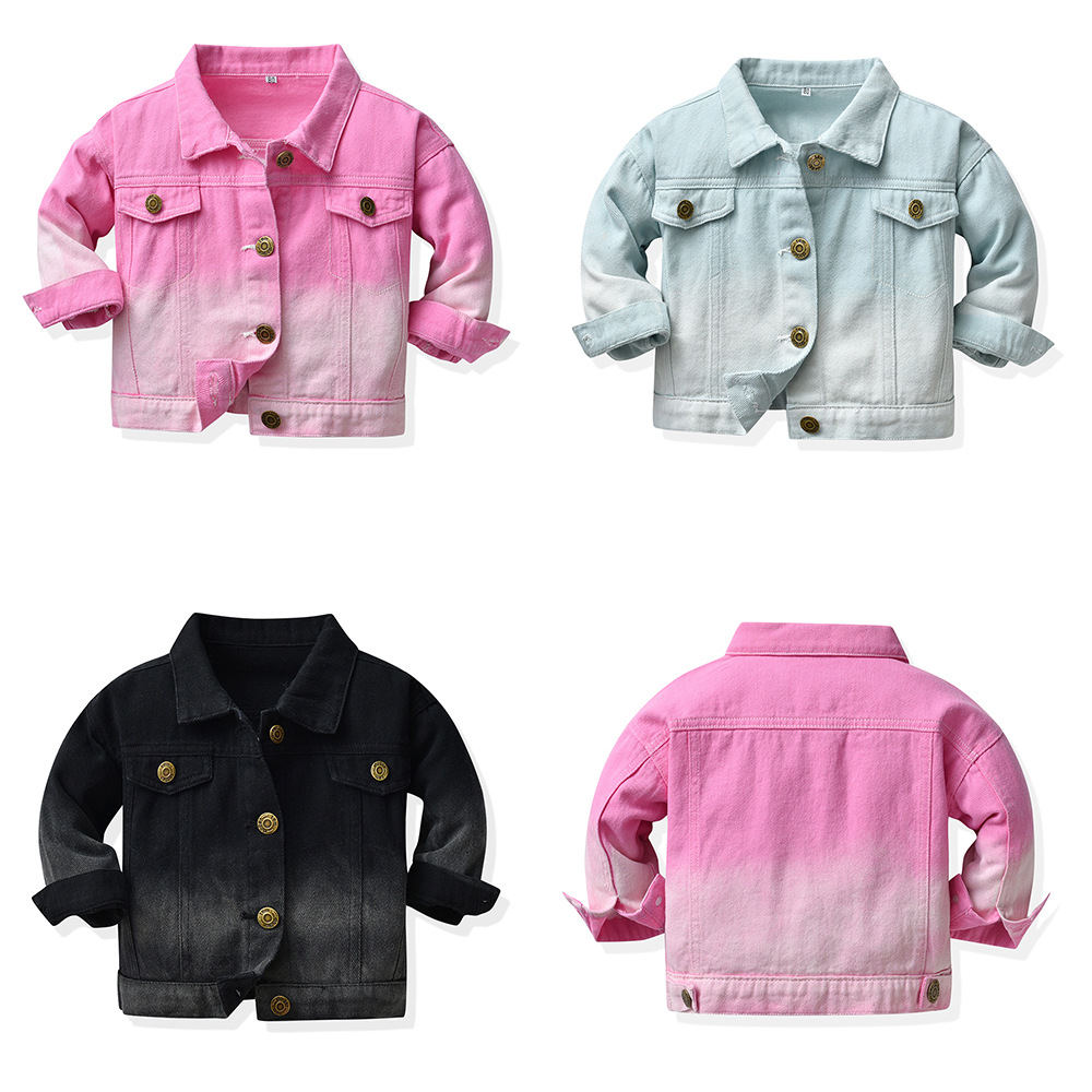 Ropa para niños de comercio exterior Versión coreana del nuevo producto de otoño, solapa para niños grandes, manga larga, chaqueta de mezclilla corta con degradado multicolor, estilo de moda