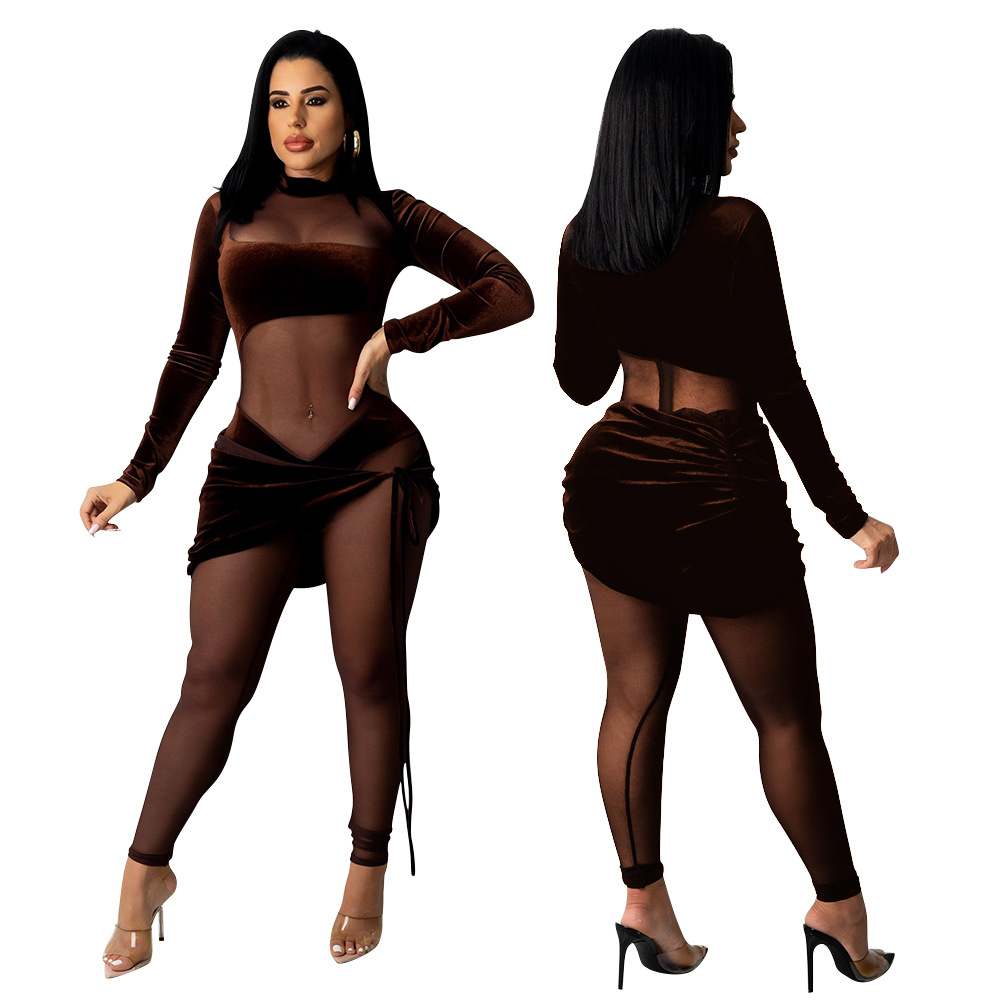 Women's fashion sexy mesh velvet splicing solid color jumpsuit_voghion.com