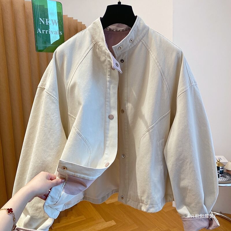 Korean Style Stand-Up Collar Denim Jacket for Women, Spring and Autumn 2025 New Style, Loose Casual Short Top, Off-White Korean Style Stand-Up Collar Denim Jacket for Women, Spring and Autumn 2025 New Style, Loose Casual Short Top, Off-White