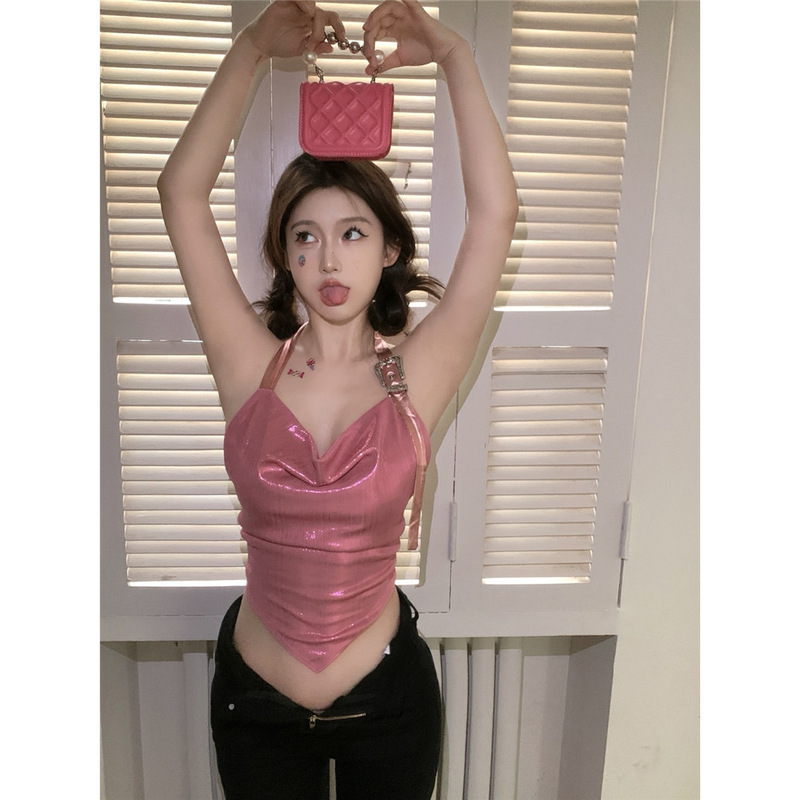 Silver Neck Sling Small Vest Women's Autumn Pink Sweet Spice Backless Sexy Unique Outer Wear Top Silver Neck Sling Small Vest Women's Autumn Pink Sweet Spice Backless Sexy Unique Outer Wear Top