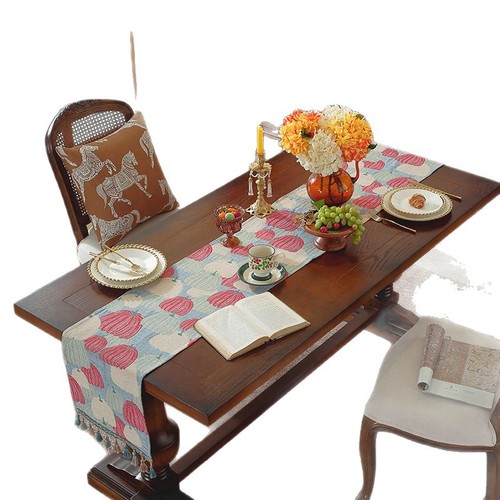 Le Xuan's light luxury high-end desk flag, new Chinese style red tea flag, cross-border American retro tassel long strip table runner dining flag